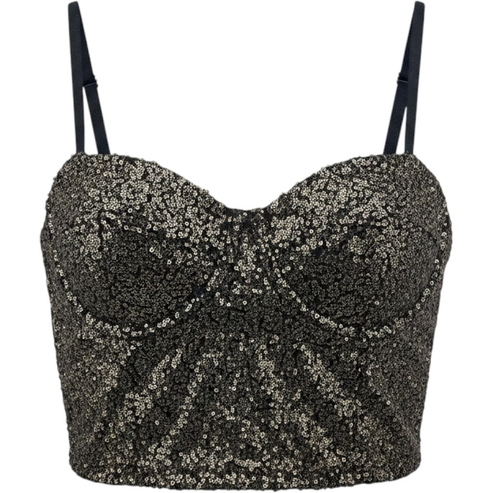 Windsor Gold Sequin Bustier Crop Top Black Smocked Back Adjustable Straps Medium